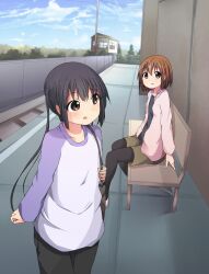  2girls bag bench black_eyes black_pantyhose brown_eyes brown_hair casual commentary_request hirasawa_yui jacket k-on! long_hair multiple_girls nakano_azusa pantyhose raglan_sleeves short_hair tata_(tataice) twintails 