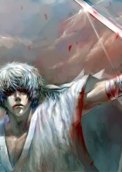  1boy a9219669 blood blood_in_mouth chinese_commentary commentary_request gintama headband japanese_clothes joui katana male_focus photoshop_(medium) realistic red_eyes sakata_gintoki solo sword weapon white_hair 