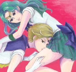  2girls aqua_hair back_bow bad_id bad_pixiv_id bishoujo_senshi_sailor_moon blonde_hair blue_choker blue_sailor_collar bow choker coozsen elbow_gloves gloves hand_on_another&#039;s_thigh hands_on_another&#039;s_back kaiou_michiru kissing kissing_leg light_smile lips magical_girl multiple_girls outer_senshi pink_background pleated_skirt sailor_collar sailor_neptune sailor_senshi sailor_senshi_uniform sailor_uranus short_hair short_sleeves skirt ten&#039;ou_haruka tiara very_short_hair white_gloves yuri 