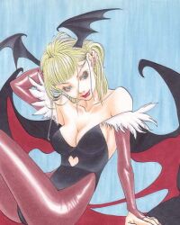  arm_behind_head arm_up bare_shoulders blue_background breasts bridal_gauntlets cleavage commentary_request cutout_above_navel demon_wings female green_hair head_wings heart jitome lipstick long_hair makeup marker_(medium) morrigan_aensland pantyhose purple_pantyhose red_lips shiny sitting solo tamamiso traditional_media vampire_(game) wings 