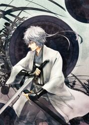  armor banned_artist gintama headband japanese_armor japanese_clothes joui katana kote kurokote male_focus red_eyes reverse_grip sakata_gintoki silver_hair solo sword toki-tsuki weapon 