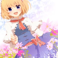  :d alice_margatroid aoi_(annbi) blonde_hair blue_dress blue_eyes blurry blurry_background blush bow breasts bud capelet commentary_request cosmos_(flower) day depth_of_field dress dutch_angle female field flower flower_field frilled_capelet frilled_hairband frilled_ribbon frills hairband light_particles looking_at_viewer medium_breasts neck_ribbon open_mouth outdoors partial_commentary photoshop_(medium) pink_flower red_bow red_hairband red_ribbon red_sash ribbon sash short_hair skirt sky smile solo touhou waist_bow white_capelet 