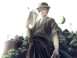  1boy book bowler_hat brown_hair commentary_request gintama hat japanese_clothes leaf leuco male_focus okita_sougo photoshop_(medium) solo 