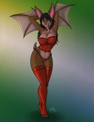  2012 anthro aurora_(sulferdragon) bat big_ears biped black_hair breasts brown_body claws clothed clothing collar conditional_dnp corset digital_media_(artwork) ear_piercing fangs female front_view hair hands_behind_head kadath legwear lingerie long_hair long_tongue mammal membrane_(anatomy) membranous_wings panties piercing short_tail solo standing stockings tail teeth thigh_highs thong toe_claws tongue tongue_out topwear underwear winged_arms wings 