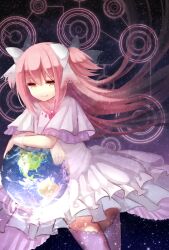  commentary_request cuivre dress earth_(planet) female gloves hair_ribbon kaname_madoka long_hair mahou_shoujo_madoka_magica mahou_shoujo_madoka_magica_(anime) photoshop_(medium) pink_hair planet ribbon smile solo spoilers thighhighs ultimate_madoka white_dress white_thighhighs yellow_eyes 