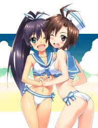  2girls ;d antenna_hair bikini black_eyes black_hair blue_eyes blush breasts brown_hair commentary_request dixie_cup_hat ganaha_hibiki hat holding_hands idolmaster idolmaster_(classic) interlocked_fingers kikuchi_makoto long_hair medium_breasts military_hat multiple_girls navel one_eye_closed open_mouth ponytail sailor_bikini sailor_collar sailor_hat sailor_swimsuit_(idolmaster) shinozuka_atsuto shiny_skin short_hair sideboob smile swimsuit thigh_gap v-shaped_eyebrows 