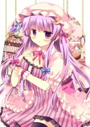  azumi_kazuki birdcage black_thighhighs blush breasts cage cleavage commentary_request crescent dress female gem hat large_breasts long_hair looking_at_viewer patchouli_knowledge purple_eyes purple_hair solo sparkle striped_clothes striped_dress thighhighs touhou vertical_stripes wrist_cuffs 