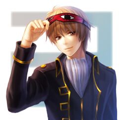  1boy ascot brown_eyes brown_hair commentary_request gintama haru_(toyst) male_focus okita_sougo photoshop_(medium) sleep_mask solo 