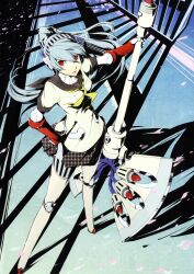  absurdres android aqua_hair axe battle_axe female from_above headphones highres joints labrys_(persona) long_hair official_art persona persona_4:_the_ultimate_in_mayonaka_arena pleated_skirt ponytail red_eyes robot_joints school_uniform skirt soejima_shigenori solo weapon 