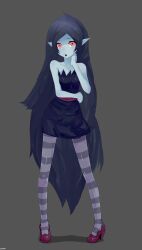  absurdres adventure_time black_hair cartoon_network ek9000 female full_body highres long_hair marceline marceline_abadeer red_eyes simple_background solo striped striped_legwear thighhighs torn_clothes vampire 