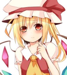  ascot blonde_hair blush commentary_request female flandre_scarlet hat hat_ribbon puffy_sleeves red_eyes ribbon shirt short_sleeves side_ponytail solo tears tosura-ayato touhou upper_body vest wings 