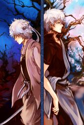  banned_artist dual_persona gintama hadanugi_dousa headband japanese_clothes joui katana kimono long_sleeves male_focus multiple_boys red_eyes sakata_gintoki short_sleeves silver_hair sword toki-tsuki weapon 