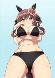  absurdres alternate_costume animal_ears aqua_background ass_visible_through_thighs bikini black_bikini black_veil braid breast_hold breasts brown_hair dot_nose ear_covers female from_below gentildonna_(umamusume) gold_trim grin hair_between_eyes hand_up highres horse_ears large_breasts light_blush looking_at_viewer looking_down navel red_eyes shiroganehaku short_hair_with_long_locks simple_background single_braid single_hair_intake smile sweat swimsuit teeth toned_female umamusume veil 