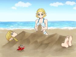  1boy barefoot beach bikini blonde_hair blue_bikini blue_eyes blue_sky braid breasts buried cleavage closed_mouth commentary_request crab crown_braid earrings female green_eyes hair_ornament hairclip highres horizon jewelry link looking_at_another medium_breasts ocean pointy_ears princess_zelda sexually_suggestive shirt short_hair sidelocks sky striped_clothes striped_shirt swimsuit teraichigo the_legend_of_zelda the_legend_of_zelda:_tears_of_the_kingdom 