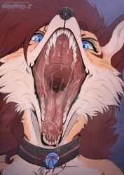  anthro blue_eyes bodily_fluids bust_portrait canid cheek_tuft drooling facial_tuft fangs female front_view fur glistening glistening_eyes hair hi_res looking_at_viewer mammal mouth_shot open_mouth orange_body orange_fur portrait pupils red_hair saliva saliva_on_tongue saliva_string santanahoffman sharp_teeth slit_pupils solo tan_body tan_fur teeth tuft uvula 