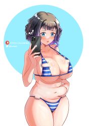  absurdres belly_grab bikini black_hair blue_bikini blue_eyes breasts cellphone cowboy_shot fat_rolls female florida_bikini gradient_hair highres holding holding_phone huge_breasts lenhentie looking_at_viewer mole mole_on_breast mole_on_stomach mole_under_mouth multicolored_hair navel original phone plump purple_hair purple_nails short_hair smartphone striped_bikini striped_clothes swimsuit thick_thighs thighs wavy_hair 