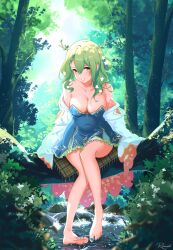  aqua_dress aqua_nails bare_legs bare_shoulders barefoot braid braided_bangs breasts bush ceres_fauna ceres_fauna_(1st_costume) collarbone covered_navel day dress female floral_print flower forest frilled_dress frills full_body green_hair grin hair_flower hair_ornament highres hololive hololive_english horns large_breasts layered_dress light_blush light_particles light_rays long_hair looking_at_viewer mole mole_under_eye nail_polish nature open_clothes open_dress outdoors pink_dress ranveld river signature single_hair_ring sitting sleeveless sleeveless_dress smile soaking_feet strapless strapless_dress sunbeam sunlight teeth toenail_polish toenails two-tone_dress virtual_youtuber wavy_hair white_dress white_flower yellow_eyes 