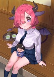  animal_ears arm_support blue_necktie blue_skirt blue_socks blush breast_pocket breasts closed_mouth commentary_request cup demon_horns demon_tail demon_wings feet_out_of_frame female hair_over_one_eye hasuda_saki highres horns hotomura_(muramura69) large_breasts long_sleeves looking_at_viewer meditation mini_person miniboy necktie pink_hair pleated_skirt pocket purple_eyes saki-chan_wa_inma_no_ko school_uniform shirt sitting skirt socks sweatdrop tail tea teacup teapot thighs white_shirt wings 