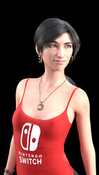  3d 3d_custom_girl 3dx black_background black_hair bracelets cgi cute digital_media_(artwork) earrings girlfriend green_eyes highres looking_away nintendo nintendo_switch nipple_bulge no_bra pendant perky_breasts petite ponytail red_shirt sakirah sakirah_rodaun small_breasts smile solo_female sweet tank_top 