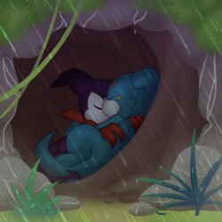  anthro bandai_namco blue_body cave cuddling digimon digimon_(species) dreamerawaken_(artist) duo forest hi_res hug impmon male male/male plant purple_body raining sleeping tree veemon 