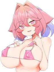  adjusting_clothes adjusting_swimsuit bikini breasts covered_nipples female florida_bikini gradient_eyes hair_intakes highres large_breasts long_hair looking_at_viewer multicolored_eyes oerba_yun_fang open_mouth original pink_bikini pink_eyes pink_hair purple_eyes purple_hair simple_background skin_fang sousakuganba_ru stitched_neck stitches swimsuit upper_body white_background 