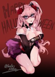  absurdres bare_legs bare_shoulders blue_eyes blush breasts cleavage cosplay female funkysatou hair_between_eyes hair_ornament halloween highres huge_breasts large_breasts long_hair looking_at_viewer maria_cadenzavna_eve phantom_thief pink_hair senki_zesshou_symphogear solo thighs tongue tongue_out very_long_hair 