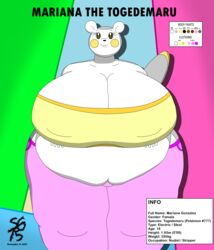  2023 anthro anthro_female anthro_pokemon bbw belly big_belly big_breasts bra breasts breasts_bigger_than_head character_sheet chubby chubby_anthro chubby_female clothing color_palette fat fat_belly fat_female fat_legs hedgehog hedgehog_humanoid huge_belly huge_breasts information mammal mammal_humanoid nintendo nipples_visible_through_clothing original_character overweight overweight_anthro overweight_female pants plump pokemon pokemon_(species) solandgamer75 ssbbw tail thick thick_hips thick_legs togedemaru tubetop watermark wide_hips yellow_tubetop 