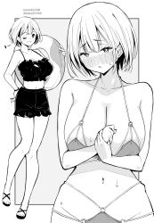  ;d artist_name bikini blush breasts cleavage commentary_request dated female full_body grey_background greyscale highres kichihachi large_breasts looking_at_viewer monochrome multiple_views navel one_eye_closed open_mouth original sandals short_hair smile swimsuit toes two-tone_background white_background 