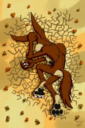  3_toes abstract_background anthro arched_soles arm_tuft ass back_muscles back_tuft biped black_nose black_pawpads brown_body brown_fur canid canine canis cheek_tuft chest_fur chest_tuft claws colored countershade_torso countershading coyote cracked cracked_ground cracks curling_toes dated death detailed digital_drawing_(artwork) digital_media_(artwork) dragon_ball elbow_tuft eyebrows facial_tuft feet fist foot_focus fur hi_res humanoid_feet knee_tuft leg_tuft looney_tunes lying lying_on_ground male mammal multicolored_body multicolored_butt multicolored_fur muscular muscular_anthro muscular_male nude on_ground on_side pawpads paws pebble pecs pinup plantigrade pose rear_view ribs rock sand shaded shoulder_tuft signature soles solo spines tan_body tan_eyebrows tan_fur toe_claws toes tuft two_tone_body two_tone_butt two_tone_feet two_tone_fur warner_brothers wile_e._coyote yamcha_death_pose zgrooz 