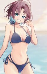  ahoge andon asakura_toru bikini blue_bikini breasts brown_hair cleavage commentary_request female gradient_hair green_eyes highres horizon idolmaster idolmaster_shiny_colors medium_breasts multi-strapped_bikini_bottom multicolored_hair navel parted_lips short_hair side-tie_bikini_bottom smile solo swimsuit 