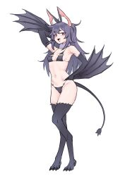  animal_ear_fluff animal_ears animal_legs bam.g bat_ears bat_tail bat_wings bikini black_bikini black_gloves black_wings elbow_gloves female florida_bikini full_body fur_trim gloves grey_hair hair_between_eyes highres long_hair looking_at_viewer navel open_mouth original purple_eyes standing swimsuit wings 