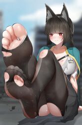  animal_ear_fluff animal_ears aqua_capelet arm_support barefoot black_nails black_pantyhose black_skirt blue_sky blunt_bangs blurry blurry_background breasts brown_hair bruise_on_leg cityscape cleavage cloud cloudy_sky collarbone feet_up female furrowed_brow hoshimi_miyabi large_breasts light_blush long_hair looking_ahead nail_polish on_floor outdoors pantyhose pleated_skirt red_eyes shirt sidelocks sitting skirt sky soles sweat toenail_polish toenails torn_clothes torn_pantyhose torn_shirt torn_skirt tsurime very_long_hair wd_(1106592840) white_shirt zenless_zone_zero 