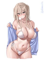  artist_name bare_shoulders bikini blonde_hair blue_eyes blush breasts cropped_legs ebifurya female graf_zeppelin_(kancolle) hair_between_eyes highleg highleg_bikini highres kantai_collection long_hair looking_at_viewer navel one-hour_drawing_challenge parted_lips side-tie_bikini_bottom sidelocks simple_background skindentation strap_gap swimsuit thighs twintails twitter_username white_background white_bikini 