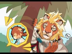  age_difference animated anthro blonde_hair cape clothing cygames duo felid fur hair lion magnos_(world_flipper) male male/male mammal orange_body orange_fur orange_hair palm_tree pantherine plant smile takanabeasami teo_(world_flipper) tree world_flipper 