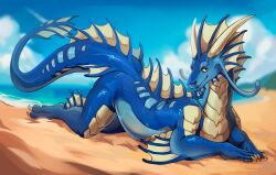  aquatic_dragon beach belly_scales blue_body blue_scales dorsal_frill dragon feral frill_(anatomy) hi_res horn male marine membrane_(anatomy) mythological_creature mythological_scalie mythology no_sclera sand scales scalie solo sssmazkaa tail white_horn white_membrane yellow_eyes 