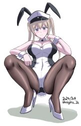  adapted_costume alternate_costume animal_ears ass_visible_through_thighs blonde_hair blue_eyes blush bow bowtie breasts cleavage covered_navel cowboy_shot dated detached_collar fake_animal_ears fake_tail female graf_zeppelin_(kancolle) hair_between_eyes hat high_heels highleg highleg_leotard highres kantai_collection kishi_nisen large_breasts leotard long_hair looking_at_viewer pantyhose peaked_cap rabbit_tail solo squatting tail twintails twitter_username white_background white_leotard 