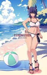  absurdres ball beach beachball bikini blue_sky breasts checkered_necktie cloud commission day english_commentary eyepatch female full_body headgear highres horizon jeska_brucker kantai_collection large_breasts necktie ocean official_alternate_costume outdoors purple_hair short_hair sky solo swimsuit tenryuu_(kancolle) tenryuu_(swimsuit_mode)_(kancolle) thigh_gap unworn_necktie white_bikini yellow_eyes 