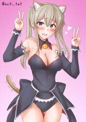  alternate_costume animal_ears anti_(untea9) bell black_leotard blonde_hair blush breasts cat_ears cat_tail cowboy_shot detached_collar detached_sleeves embarrassed extra_ears fake_animal_ears fake_tail female gradient_background graf_zeppelin_(kancolle) grey_eyes hair_between_eyes heart highres higurashi_no_naku_koro_ni kantai_collection large_breasts leotard long_hair looking_at_viewer neck_bell pink_background solo strapless strapless_leotard sweatdrop tail twintails v 