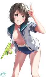  black_hair blue_sailor_collar breasts brown_eyes clothes_pull collarbone female grin highres holding holding_water_gun iwabuchi501 kantai_collection large_breasts looking_at_viewer miyuki_(kancolle) one-piece_swimsuit_pull open_clothes open_shirt sailor_collar sailor_shirt school_swimsuit shirt short_hair signature simple_background smile solo swimsuit swimsuit_under_clothes teeth water_gun white_background white_shirt 