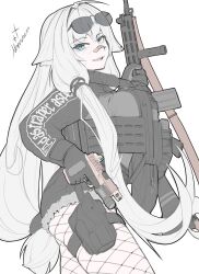  ahoge ammunition_pouch bandaid bandaid_on_face bandaid_on_nose battle_rifle black_gloves black_jacket black_shorts blue_eyes breast_press breasts bulletproof_vest celeste_reina_(neptune_zx) eyewear_on_head female fishnet_pantyhose fishnets fn_fal foregrip freckles gloves gun hair_ears handgun highres holding holding_gun holding_weapon holster jacket large_breasts long_hair long_sleeves looking_at_viewer low-tied_long_hair low_ponytail magazine_(weapon) neptune_zx original pantyhose pouch red_dot_sight rifle short_shorts shorts sidelocks simple_background solo sunglasses the_legend_of_zelda thigh_holster vertical_foregrip very_long_hair weapon white_background white_hair 