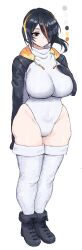  alternate_breast_size arm_behind_back asymmetrical_hair black_footwear black_hair black_jacket breasts brown_eyes closed_mouth covered_navel drawstring emperor_penguin_(kemono_friends) expressionless female hair_over_one_eye hand_on_own_chest hand_up headphones highleg highleg_one-piece_swimsuit highres hood hood_down hooded_jacket huge_breasts impossible_clothes impossible_swimsuit jacket kakanashi1 kemono_friends long_bangs long_hair long_sleeves multicolored_hair one-piece_swimsuit parted_bangs red_hair shoes simple_background solo streaked_hair swimsuit thighhighs three_quarter_view two-tone_hair white_one-piece_swimsuit white_thighhighs 