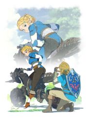  1boy ass bicycle blue_tunic blush braid champion&#039;s_tunic_(zelda) edoya_inuhachi female hylian_shield leotard link mario_(series) mario_kart pointy_ears princess_zelda shield shield_on_back the_legend_of_zelda the_legend_of_zelda:_breath_of_the_wild tunic 