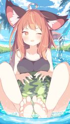  ;d ahoge animal_ear_fluff animal_ears ball bare_arms bare_legs bare_shoulders barefoot beachball black_one-piece_swimsuit blue_sky blush breasts brown_eyes brown_hair cleavage cloud commentary_request daidai_ookami day female highres hose long_hair looking_at_viewer medium_breasts oerba_yun_fang one-piece_swimsuit one_eye_closed original outdoors palm_tree sky smile soles solo swimsuit tail tree wading_pool water watermelon_beachball 