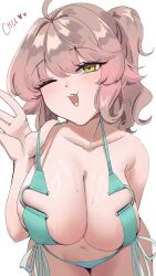  :3 arainekozz bikini blush breasts brown_hair collarbone female florida_bikini green_bikini hair_between_eyes highres large_breasts long_hair looking_at_viewer navel one_eye_closed open_mouth original smile swimsuit virtual_youtuber yellow_eyes 