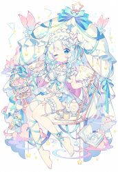  barefoot bed blue_bow blue_eyes blue_hair blue_nails blue_ribbon blush book bookmark bow braid bug butterfly canopy_bed cloud colored_inner_hair commentary crescent cup cupcake dress female food headdress highres holding holding_spoon hyou_(pixiv3677917) leg_ribbon long_hair looking_at_viewer midriff multicolored_hair nail_polish one_eye_closed open_book original pink_hair plate ribbon simple_background solo spoon star_(symbol) stool streaked_hair symbol-shaped_pupils table teacup teapot tiered_tray toenail_polish toenails twin_braids white_background white_dress white_hair white_headdress white_wings wings 