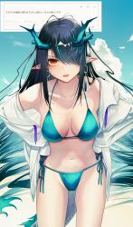  alternate_costume aqua_bikini aqua_hair aqua_skin arknights beach bikini black_hair blue_sky blush breasts cleavage cloud cloudy_sky colored_skin commentary cowboy_shot day dragon_girl dragon_horns dragon_tail dusk_(arknights) earrings eyeshadow female hair_over_one_eye hands_on_own_hips highres horns jacket jewelry leaning_forward long_hair looking_at_viewer makeup medium_breasts multicolored_hair multicolored_skin navel open_clothes open_jacket open_mouth outdoors pointy_ears red_eyes red_eyeshadow scowl senju_yosiyuki side-tie_bikini_bottom sidelocks sky solo standing stomach streaked_hair string_bikini sweatdrop swept_bangs swimsuit tail tassel tassel_earrings translated two-tone_hair very_long_hair white_jacket 