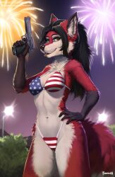  2024 4th_of_july american_flag_bikini anthro bad_trigger_discipline bikini bikini_bottom bikini_top black_hair black_nose breasts canid canine cleavage clothed clothed_anthro clothed_female clothing female fireworks flag_bikini fox foxovh fur gun hair handgun hi_res holidays mammal multicolored_body multicolored_fur navel night pistol ranged_weapon red_body red_fur solo swimwear tongue tongue_out two-piece_swimsuit two_tone_body two_tone_fur weapon white_body white_fur 