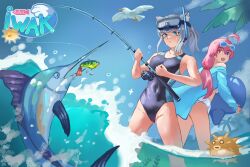  2girls absurdres ahoge animal_ear_fluff animal_ears back-to-back bikini bird black_one-piece_swimsuit blue_archive blue_eyes blue_jacket breasts competition_swimsuit covered_navel cross_hair_ornament extra_ears eyewear_on_head fish grey_hair hair_ornament halo heterochromia highres hoshino_(blue_archive) inflatable_toy inflatable_whale jacket low_ponytail medium_breasts medium_hair mismatched_pupils moru2 multicolored_clothes multicolored_swimsuit multiple_girls official_alternate_costume one-piece_swimsuit partially_underwater_shot puffer_fish seagull shiroko_(blue_archive) shiroko_(swimsuit)_(blue_archive) sunglasses swimsuit swordfish wading water white_bikini wolf_ears 