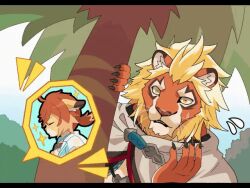  age_difference animated anthro blonde_hair cape clothing cutaway cygames duo felid fur hair lion magnos_(world_flipper) male male/male mammal orange_body orange_fur orange_hair palm_tree pantherine plant smile takanabeasami teo_(world_flipper) tree world_flipper 