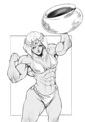  abs absurdres alternate_muscle_size az_ciam bikini double_biceps_pose flexing greyscale hades_(series) highres looking_to_the_side melinoe_(hades) monochrome muscular muscular_female short_hair smile swimsuit 